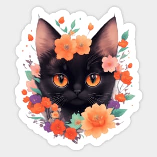 Midnight Meow: Cute Black Kitten and Vintage Floral Charm Sticker